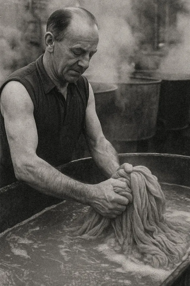 Historic black and white image of hand washing in a large tub.
