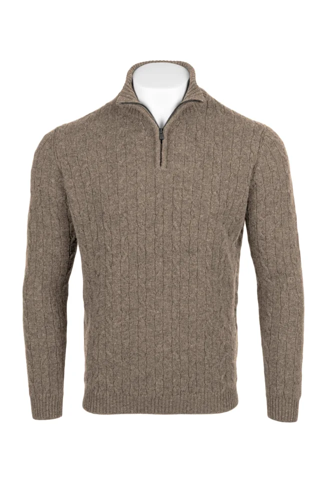 Natural cashmere cable quarter-zip sweater with ribbed collar and trims.