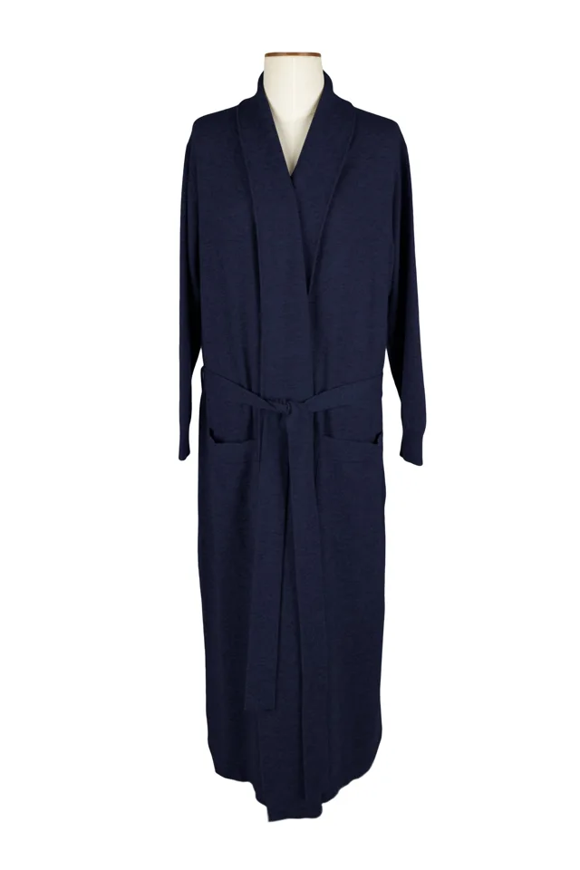 Navy cashmere dressing gown with shawl collar, belt and patch pockets.