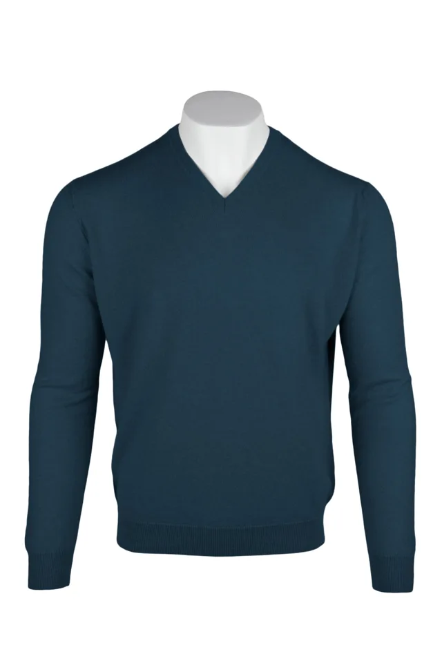 Petrol blue cashmere V-neck sweater with ribbed trims.