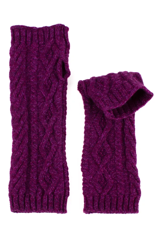 Two purple cable knit wrist warmers, one laid flat and one folded, with ribbed ends and thumb openings.