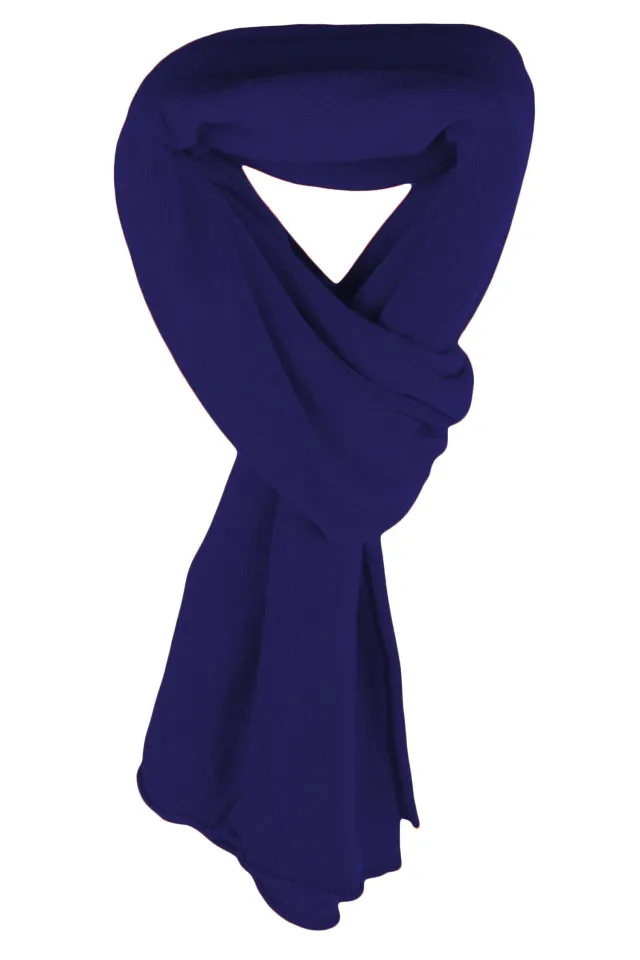 Deep blue plain knitted wrap scarf, loosely looped and knotted with two hanging ends.