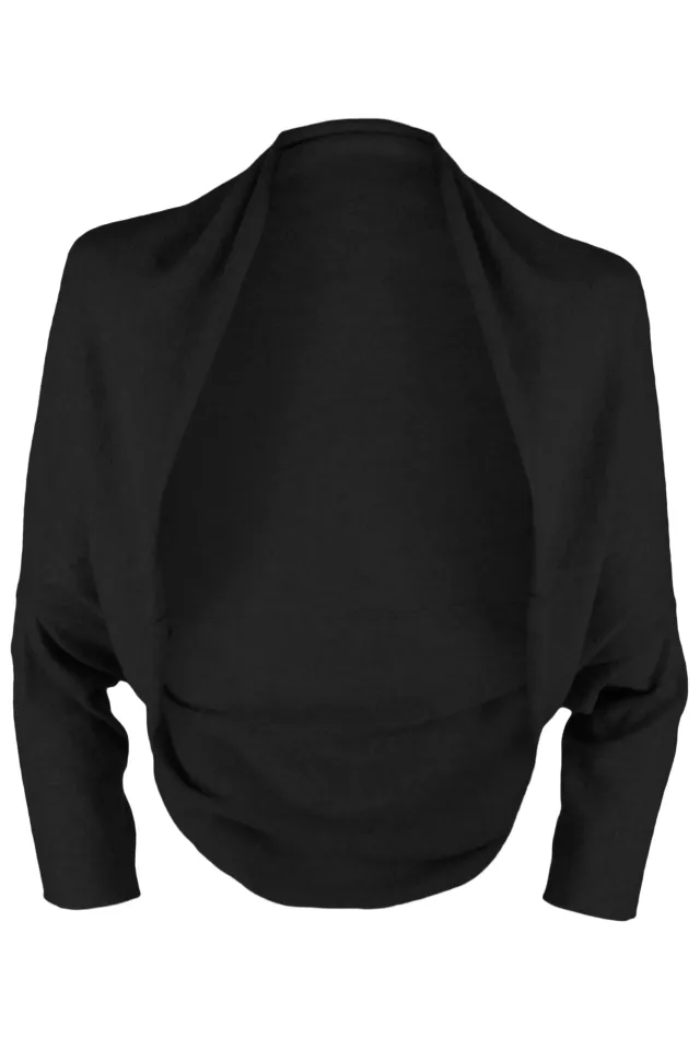 Black wrap sweater with a deeply draped front, long narrow sleeves and a curved hem.